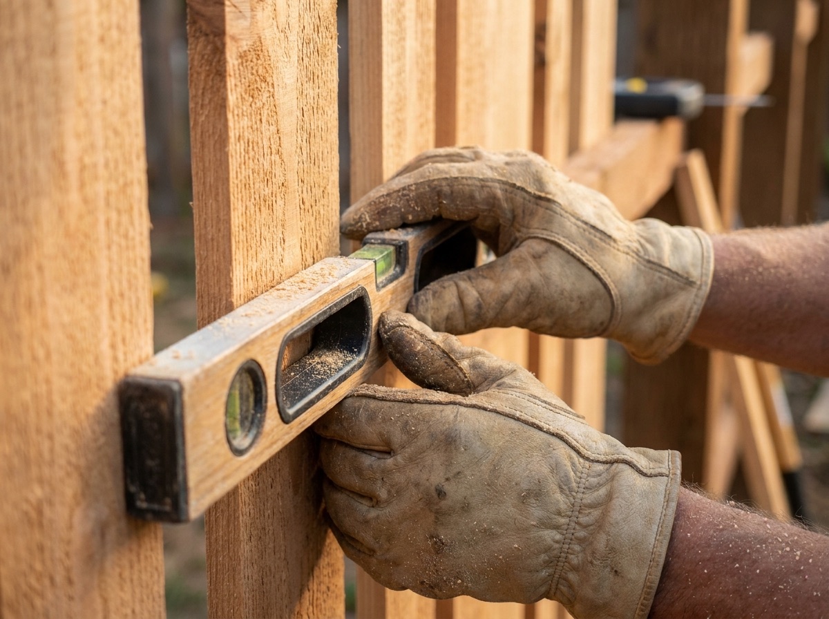 Gloved hands setting a spirit level flat across the top of a freshly hung cedar picket, checking it against the string line.