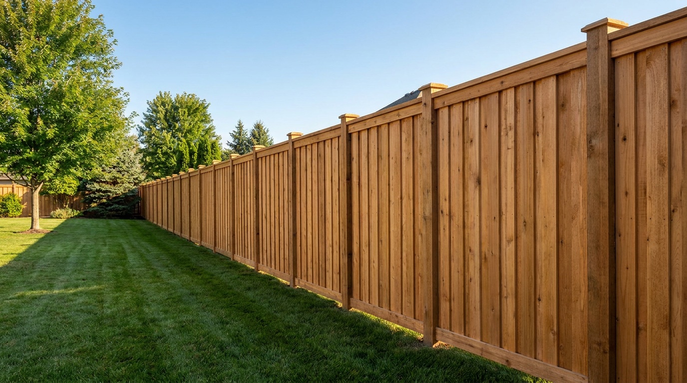 A new cedar privacy fence running in a perfectly straight line across a green backyard, receding in exact perspective toward the back fence line.